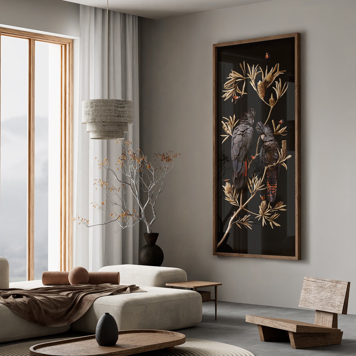 Red-tailed Cockatoos on Banksia | 58 cm x 154 cm in Black Frame